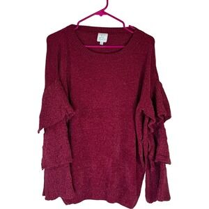The Mint Julep Boutique Sweater Women Small Maroon Chenille Ruffle Tiered Sleeve